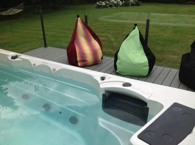 Acrylic canvas outdoor bean bag on a deck