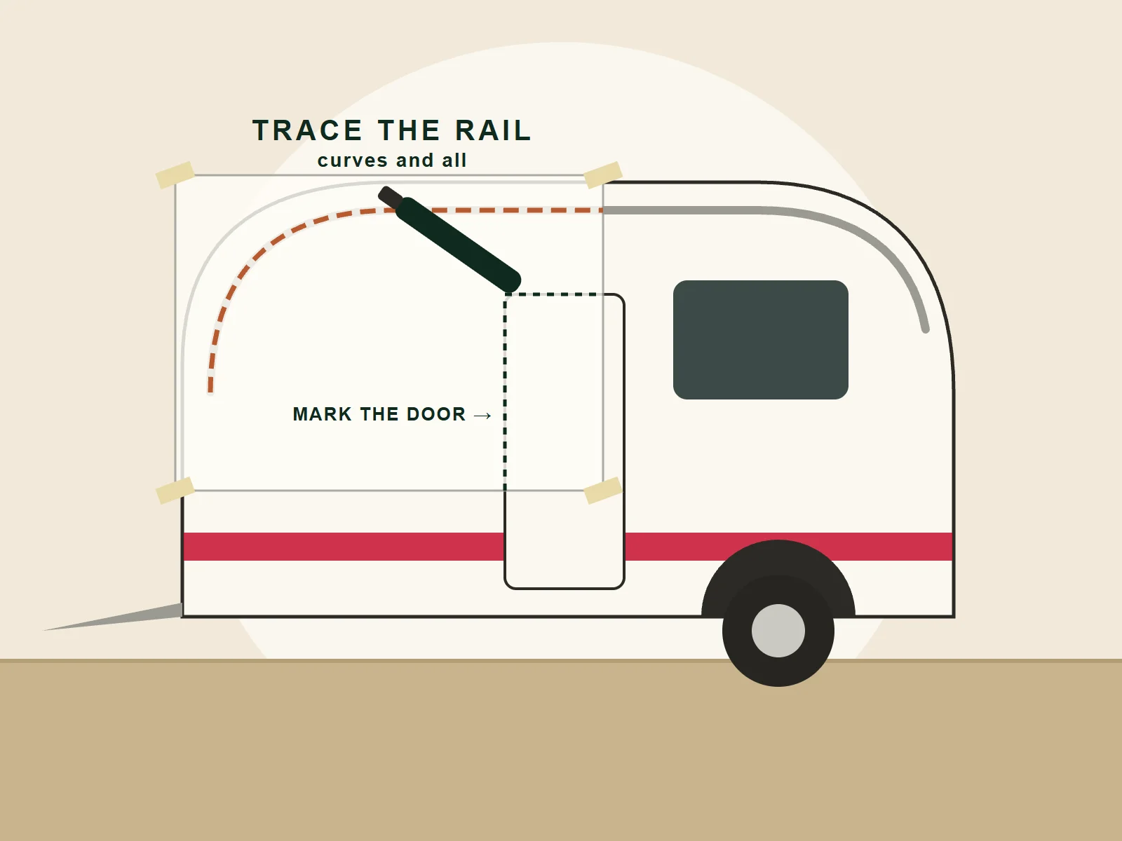 Illustration: pattern cloth taped to the side of a retro caravan, with the awning rail traced onto it where it curves down the front, and the door edge marked