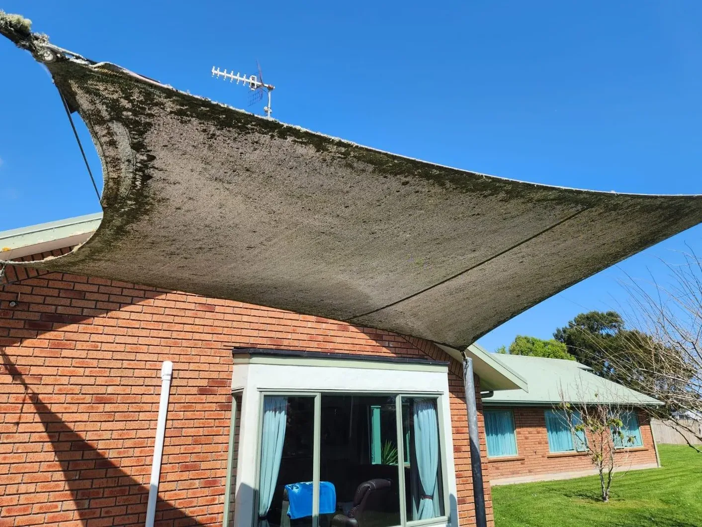 An old shade sail over a brick home, dark with moss and lichen